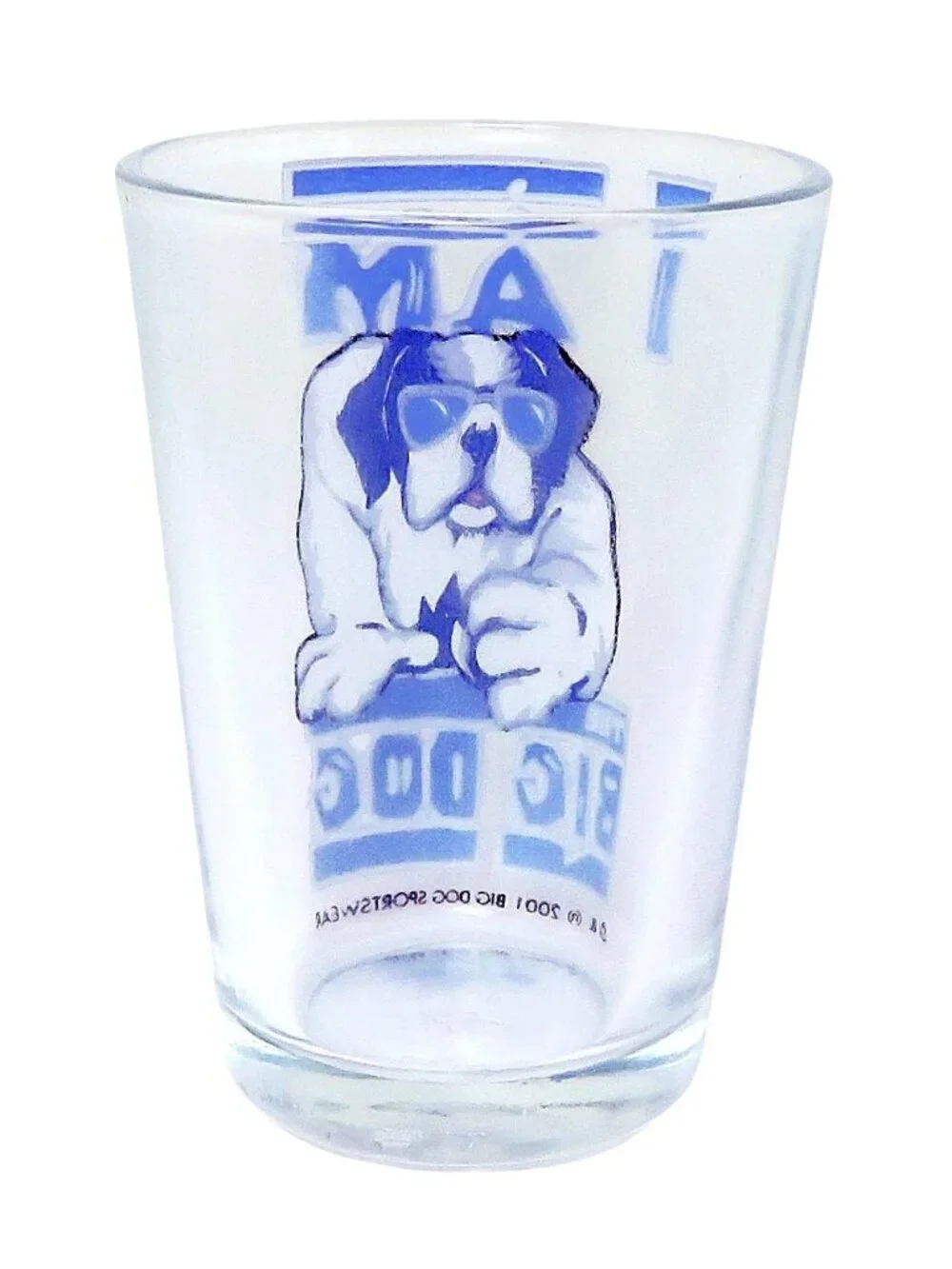 Vintage 2001 I Am The Big Dog Sportswear Bulldog Blue and White Shot Glass NEW
